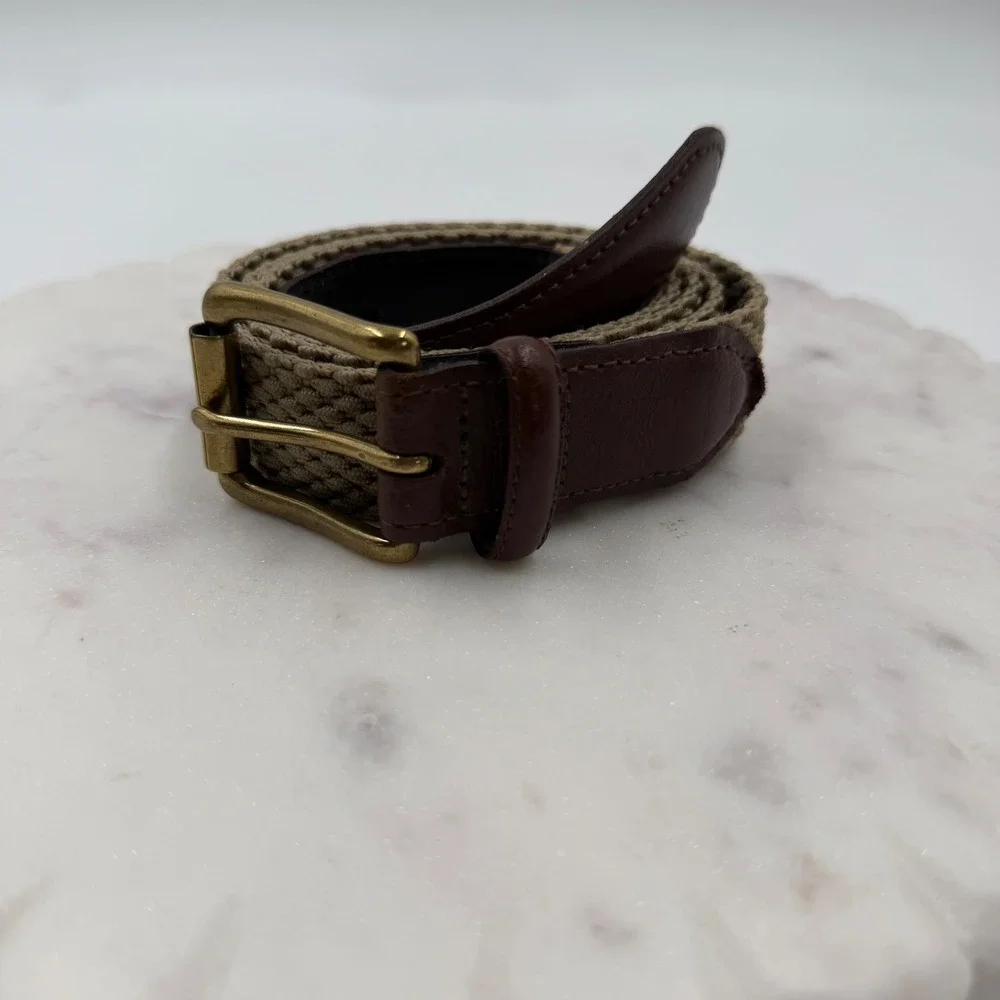 VTG 80s Orvis Mens 42 Tan Woven Belt Genuine Leather Tabs Solid Brass Buckle